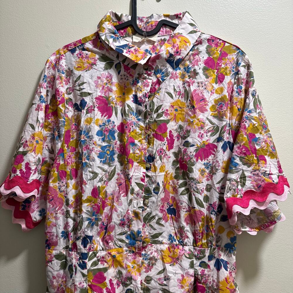 Entro Boutique | Preppy Summer Floral Ric Rac Trim Romper 100% Cotton Spring - Picture 4 of 13